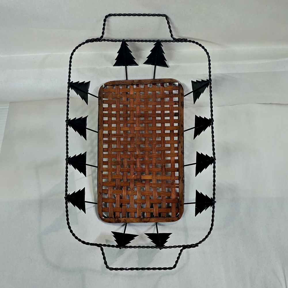 Vintage Wicker Pine Tree Basket Tray Green Metal Holiday Christmas Display OS